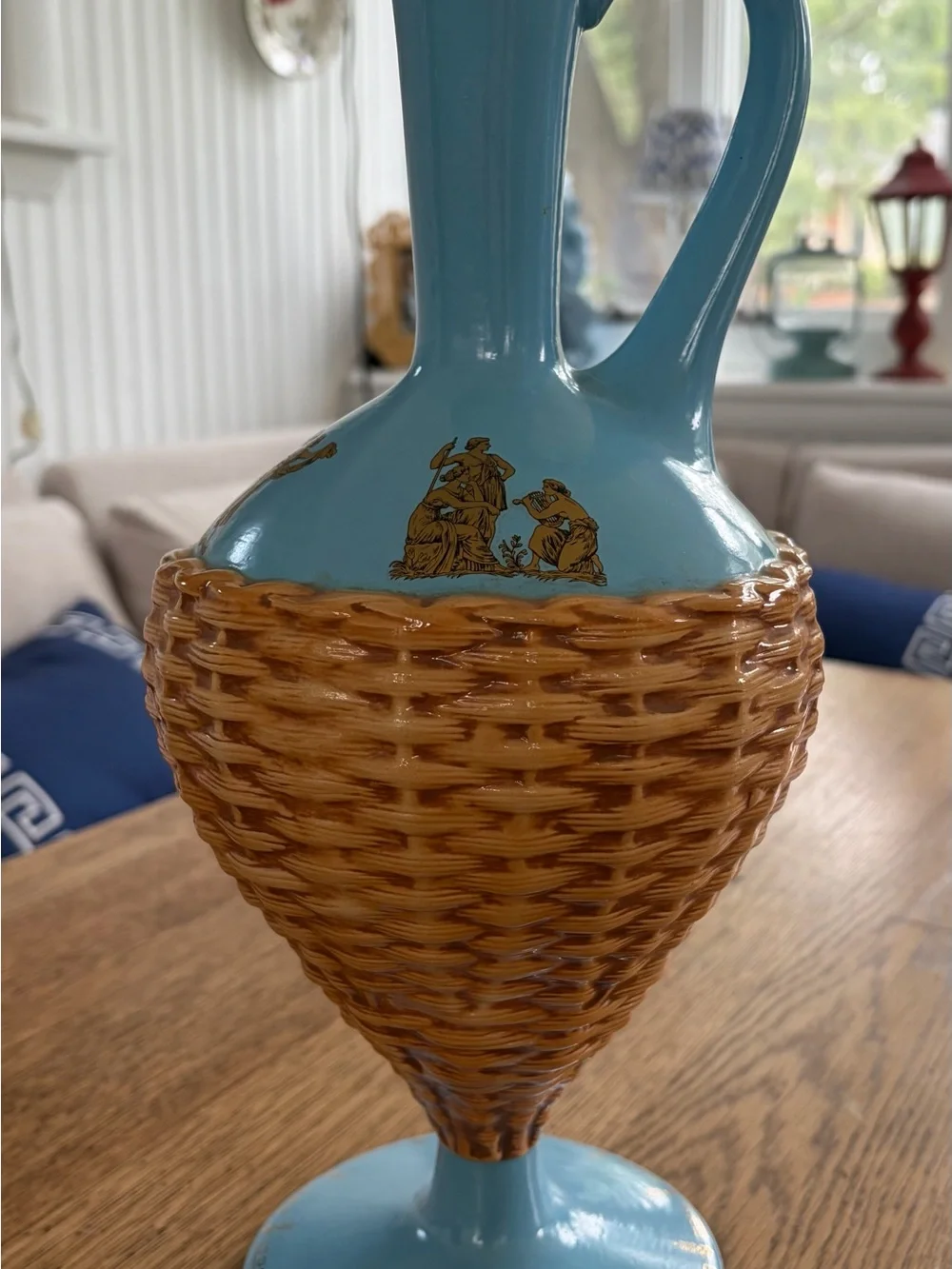 Source Unknown Blue and Brown Wicker-Style Ceramic Pitcher Duo